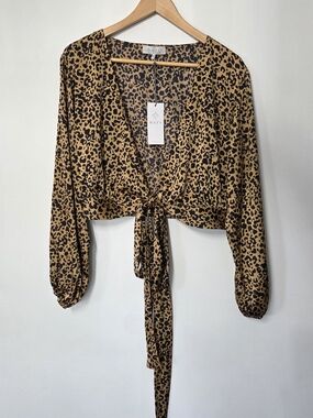 WAYF Tie-Front Crop Blouse Leopard Print